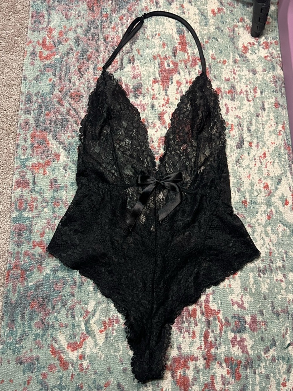 VS - M - Black Lace Plunge Teddy with Bow